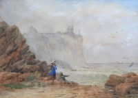 Lot 477 - C.C. Hollyer, Figures on a beach with abbey ruins on clifftop beyond, watercolour.
