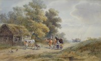 Lot 490 - H. Earp Senior, Rural lane with figures and cattle, watercolour.