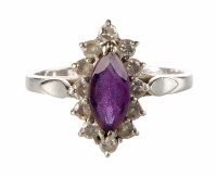 Lot 286 - Amethyst and diamond marquise shaped cluster 18ct white gold ring