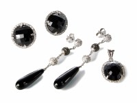Lot 306 - A 2-piece set of black onyx and diamond halo 18ct white gold cluster pendant and earrings