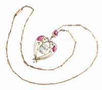 Lot 332 - An Edwardian aquamarine, pink topaz and diamond set 9ct gold pendant and chain