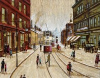 Lot 349 - Arthur Delaney, Street scene with figures and trams, oil.