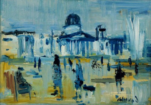 Lot 384 - J.L. Isherwood, Rain, Trafalgar Square, oil.