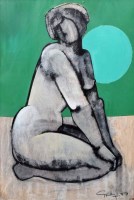 Lot 390 - Geoffrey Key, Girl With Moon, mixed media.