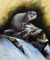 Lot 392 - Nigel Hemming, Otter on a riverbank, oil on canvas.