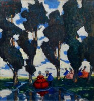 Lot 446 - Ernst Schwartz, Figures by a lake, oil.