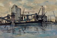Lot 471 - Richard Weisbrod, Dock scene, watercolour and ink.