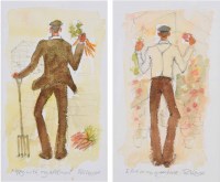 Lot 482 - Phil George, Happy with my allotment and I live in my greenhouse, watercolours (2).