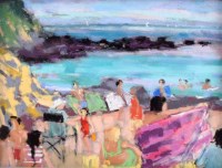 Lot 483 - Lynn Golden, The Mauve Towel, Porthcurnick Beach, pastel.
