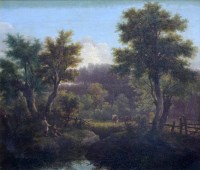 Lot 512 - Follower of Jacob Ruysdael, A wooded river landscape with figures fishing and cattle, oil.