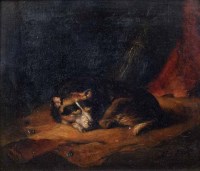 Lot 514 - Attributed to Abraham Cooper, A sleeping dog, oil.