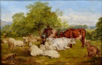 Lot 522 - English School, 19th century, Rural scene with sheep and cattle, oil.