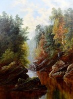Lot 525 - William Mellor, River Tees near Barnard Castle, oil.