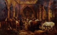 Lot 527 - Herbert St. John Jones, Lord Byron's horses stabled in Acton Church during the Siege of Nantwich, 1644, oil.