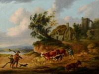 Lot 534 - Peter Le Cave, Rural scene with figures and cattle, oil.