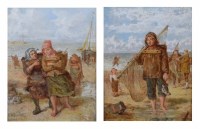 Lot 539 - J. Campbell, Fisherfolk on the beach, oil (2).