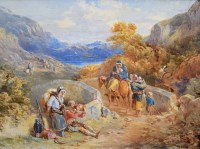 Lot 543 - J.F. Tayler, Travellers by a bridge in the Highlands, watercolour.