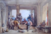 Lot 548 - George Cattermole, Figure group with coastal view beyond, watercolour.