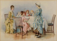 Lot 550 - English School, 19th century, Domestic scene with a family being served a meal at the table, watercolour.