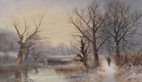 Lot 561 - William B. Henley, Winter scene with woodcutter on a woodland path, watercolour.