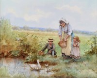 Lot 564 - J.Craig, Feeding the Ducks, watercolour.