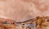 Lot 569 - William Collingwood, River scene with cattle watering, watercolour.