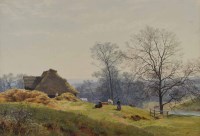 Lot 579 - English School, 19th century, Rural view with figures and cattle, watercolour.