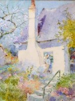 Lot 597 - Thomas Mackay, Cottage scene with seated figure, watercolour.