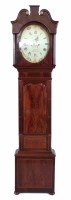 Lot 629 - A mahogany longcase clock, with double swan-neck pediment canopy with brass rosettes