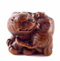 Lot 146 - Japanese hardwood Netsuke Mother, Tiger and Cub