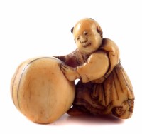 Lot 162 - 19th century Japanese ivory Netsuke boy with ball signed Minkoku, height 3.4cm.