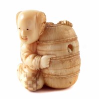 Lot 168 - Late 19th century Japanese marine ivory Netsuke boy with chicken basket