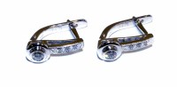 Lot 222 - 18ct white gold diamond set latch back earrings, 3 small diamonds in 18ct pave settings, each terminating in a bezel set brilliant cut diamond, approx