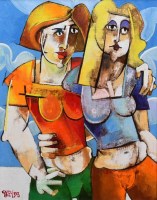 Lot 278 - Geoffrey Key, Girls & Clouds, oil.