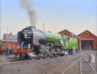 Lot 281 - Richard Simm, Steam locomotive outside a shed, oil.