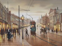 Lot 284 - Steven Scholes, Manchester street scene with tram and figures, oil on canvas.