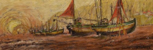 Lot 299 - Arthur Delaney, Boats on the beach, oil.