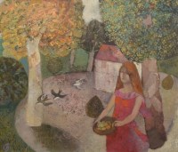 Lot 315 - Gwyneth Johnstone, Girl with Birds, oil.