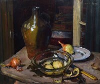 Lot 330 - William Charles Penn, Still life with onions and a jug, oil.