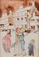 Lot 345 - Pat Cooke, Street scene in Knutsford with figures, watercolour.