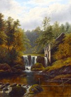 Lot 369 - William Mellor, River scene with watermill, oil.