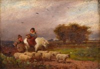 Lot 373 - English School, 19th century, Shepherd and sheep with his dog, a lady on a pony nearby, oil on panel.
