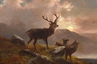 Lot 376 - Clarence Roe, A red stag and hinds in a moonlit mountainous landscape, oil.