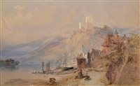 Lot 321 - T.M. Richardson Jnr., Village by an alpine lake, watercolour.