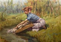 Lot 290 - D.T. Richard, Washerwoman by a stream, oil.