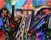 Lot 267 - David Wilde, "Workers Flee the Consuming Flames of Industry", acrylic.