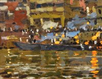 Lot 545 - Ken Howard, "Manikarnika Ghat from the Ganges, Evening", oil on board.
