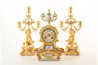 Lot 667 - Ormolu mantel clock with ceramic painted panels and pair of garnitures