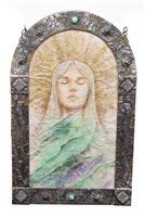 Lot 282 - English School, 20th century, Female portrait, watercolour in Arts and Crafts style frame.