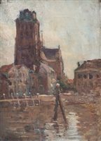 Lot 595 - Cornelis Jan Mension, River view with cathedral, oil.